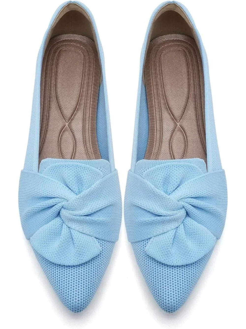 Women's Light Blue Pointed Toe Ballet Flat with Bow Comfortable Knit Dressy Shoe